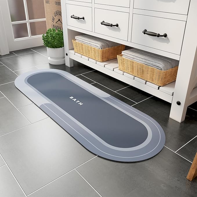 MontVoo Bath Mat Runner - Long Non Slip Absorbent Quick Dry Thin Bath Rug for Bathroom Floor Mat - Rubber Backed - Stain Resistant - Easy Care - Blue17 x50