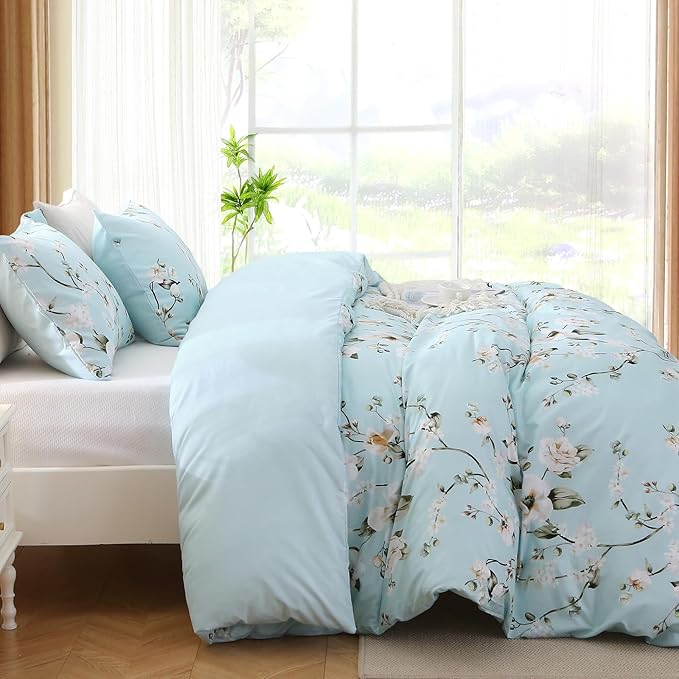 MUXHOMO Duvet Cover King Size, Reversible Floral Vintage Duvet Cover Set with Zipper Closure, 3 Pieces Botanical Patterns Soft Microfiber Bedding Set (90"x104", 2 Pillow Cases 20"×36", Ceiba Blue)