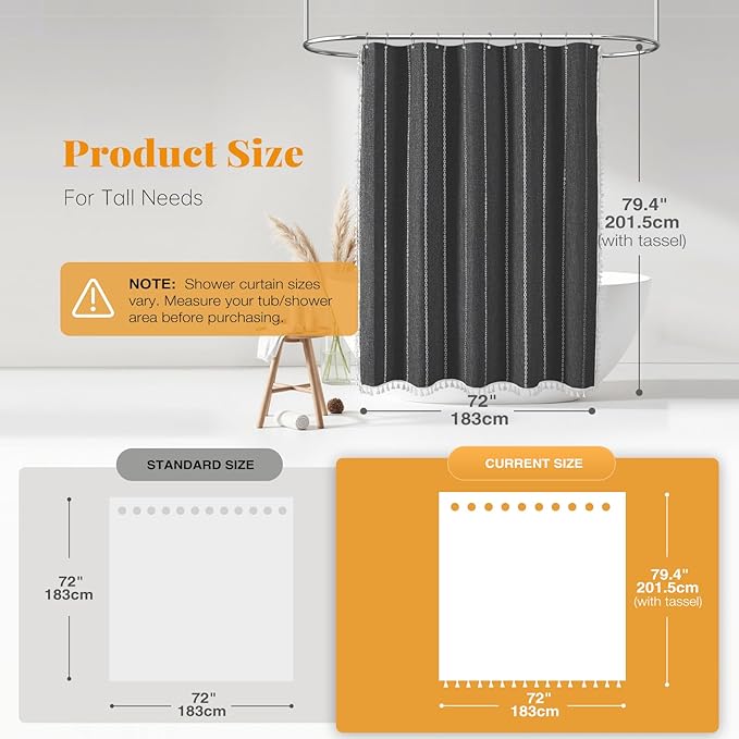 BTTN 78 Inch Long Shower Curtain - Boho Farmhouse Linen Thick Striped Fabric Shower Curtain Set with Hooks, Tall Rustic Country Luxury Cloth Shower Curtains for Bathroom - Charcoal Grey - 72x78