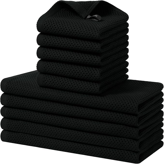 Homaxy 100% Cotton Kitchen Towels and Dishcloths Set, 12 x 12 Inches and 13 x 28 Inches, Set of 10 Bulk Kitchen Towels Set, Ultra Soft Absorbent Dish Cloths for Washing Dishes, Black