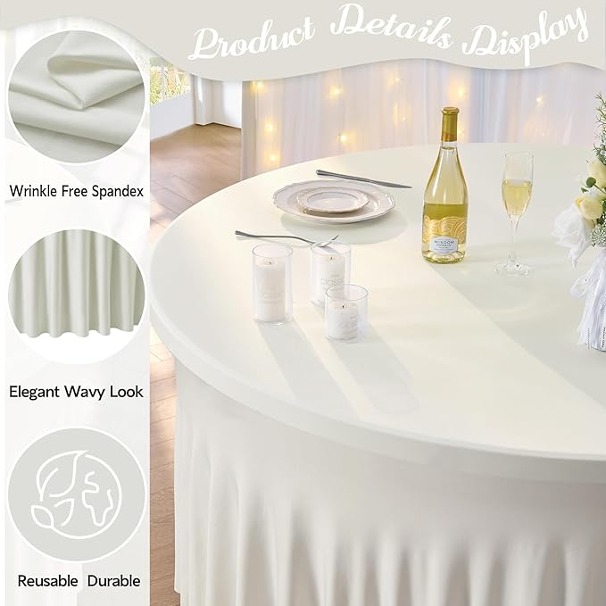 Outpain 12 Pack Spandex Ivory Round Tablecloths for 60in Tables, 120Inch Stretchy Fitted 5FT Round Table Clothes,Wrinkle Free Table Cover with Skirt for Wedding Party Dining Banquet
