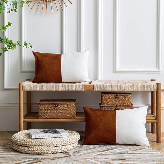 DEZENE Leather Throw Pillow Covers, Set of 2 Modern Leather/Cotton Decorative Pillowcases for Home Decor Bedroom Living Room Couch Bed Sofa, 12x20 Inch, Cognac-Brown and White