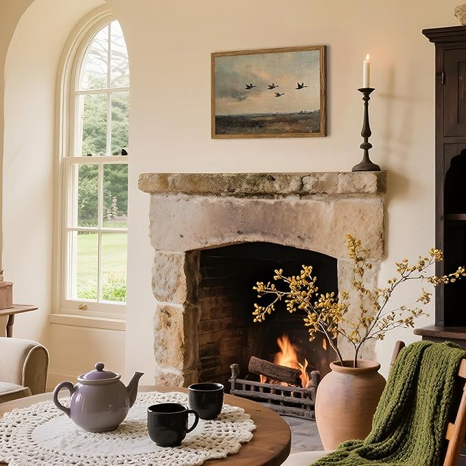 Vintage Flying Duck Wall Art, Rustic Landscape Wall Decor Retro Bird Painting Nature Wilderness 3D Textured Hand Drawn Sandstone Artwork Aesthetics for Bedroom Living Room 16x24 inch Wood Framed