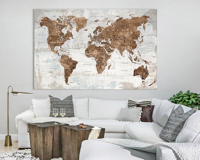 Pictures for Living Room Wall Decoration Canvas Large Wall Art Mens Office Brwon Travel Map Decor Tan Artwork