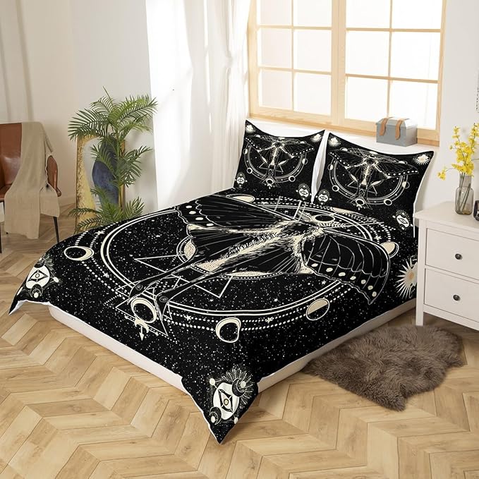 Death Moth Duvet Cover Set King Size,Stars and Moon Phase Space Comforter Cover with 2 Pillowcases,Abstract Exotic Aesthetic Modern Bedding Set for Adult Young Bedroom Xmas Gift