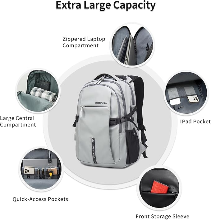 Travel Carry On 15.6" Laptop Backpack for Men, Large 30L Anti-Theft & Waterproof Backpacks Flight Approved for Business, Commuting, Work, Weekend Casual Daypack, Grey, Silver