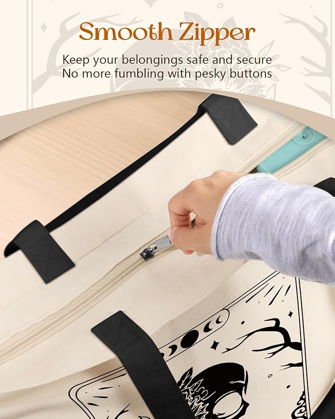 Canvas Tote Bag for Women – Aesthetic Canvas Bag with Zipper Cute Stylish Reusable Shoulder Totes for Shopping Work Daily Vacation, Skull Flower