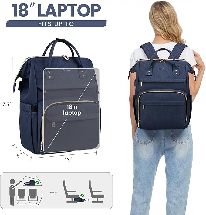LOVEVOOK Laptop Backpack for Women,18 Inch Professional Womens Travel Backpack Purse Computer Laptop Bag Nurse Teacher Backpack,Waterproof College Work Bags Carry on Back Pack with USB Port,Dark Blue