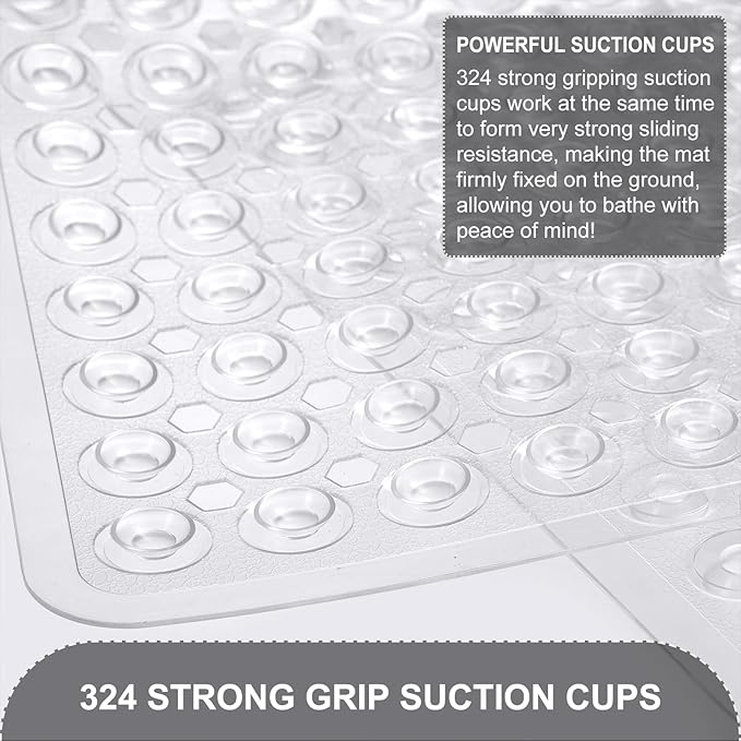 Bath Mat for Tub & Shower, Non Slip Soft Bathmat with Suction Cups & Drain Holes, Machine Washable Bathtub Floor Liner Mats for Bathroom, 35x16 Inch, Clear