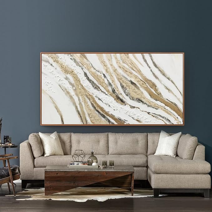 Abstract Canvas Wall Art Large Size Modern Art Paintings Abstract Painting With Golden And White Lines Minimalist Artwork Decor For Living Room Bedroom Corridor Framed 29" X 58"