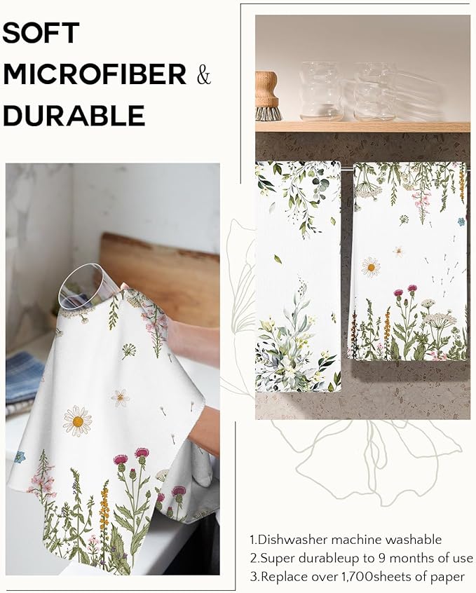 Microfiber Kitchen Towels - Set of 2 Dish Towels for Kitchen 18 x 26 Inch Home Decoration Grass Flower Cute Spring Hand Towels Soft & Absorbent Aesthetic Design
