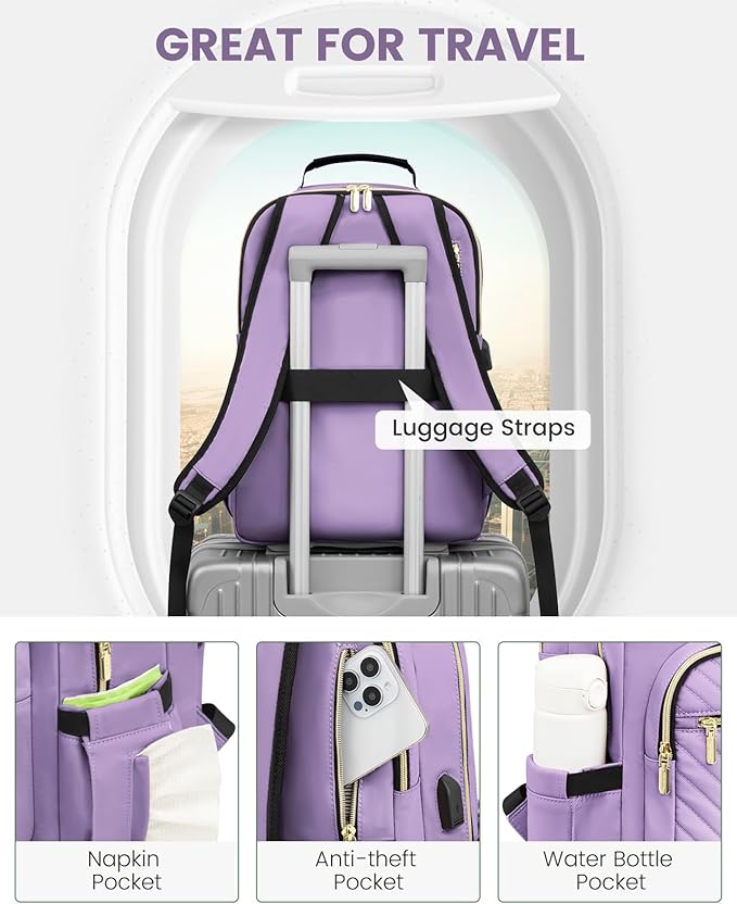 LOVEVOOK Laptop Backpack for Women, Travel Computer Work Bags with 17-inch Laptop Compartment, College School Student Bag Teen Backpacks For Girls, Outdoor Carry On Backpack Purse, Purple