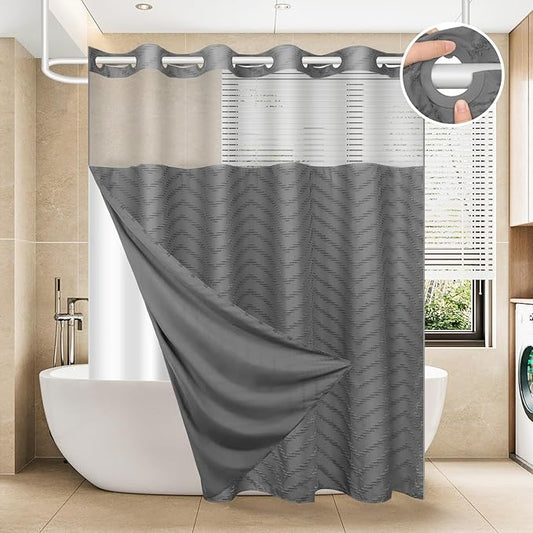 No Hook Shower Curtain and Snap in Liner Set Grey Tufted Chevron Striped Cloth Waterproof Washable Fabric Boho Gray Bath Curtain with See Through Mesh Top Window for Bathroom Hotel 71" x 74"