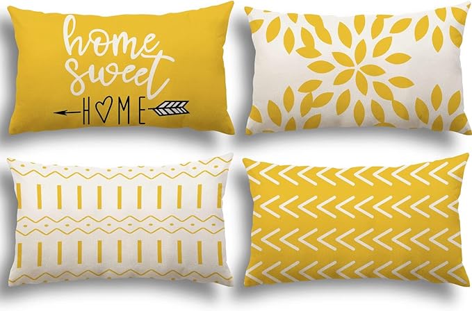 YCOLL Lumbar Pillow Covers 12x20 Set of 4, Modern Sofa Throw Pillow Cover, Decorative Outdoor Linen Fabric Pillow Case for Couch Bed Car, Yellow