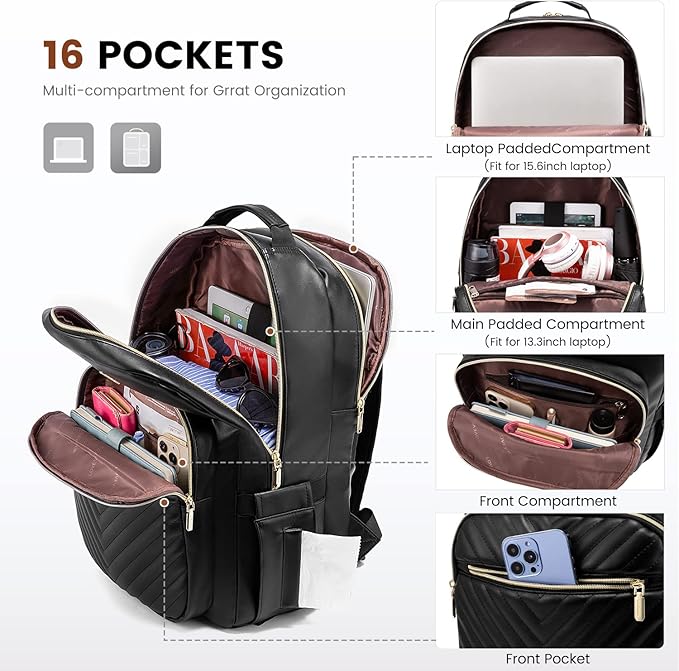 LOVEVOOK Laptop Backpack for Women, Faux PU Leather Quilted Backpack Purse, Business Computer Travel Work Bags, Nurse Backpack for Work, Fits 17-Inch Laptop, Black