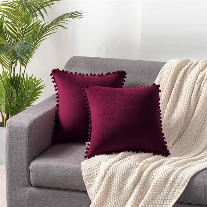 DEZENE Throw Pillow Covers 22x22 Wine Red: 2 Pack Cozy Soft Pom-poms Velvet Square Decorative Pillow Cases for Farmhouse Home Decor