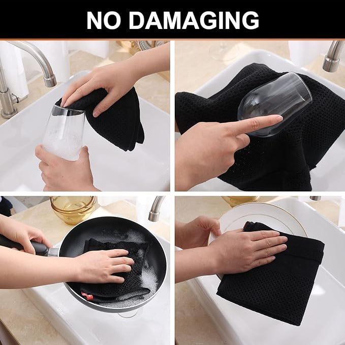 Homaxy 100% Cotton Dish Cloths, 8 Pack - 12 x 12 Inches, Waffle Weave Super Soft and Absorbent Dish Towels Quick Drying Dishcloths, Black