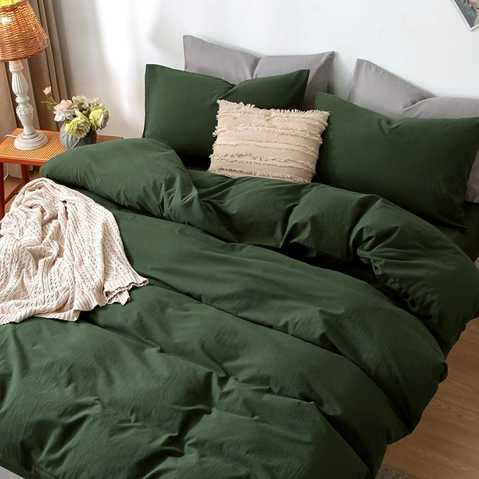 MooMee Bedding Duvet Cover Set 100% Washed Cotton Linen Like Textured Breathable Durable Soft Comfy (Solid Forest Green, Oversized King Plus 128"x120")