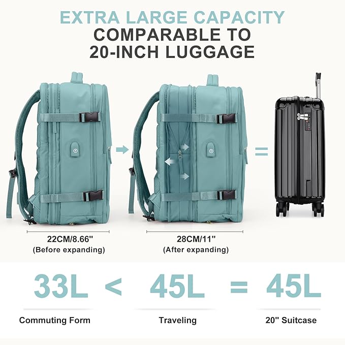 coowoz Large Travel Backpack For Women Men, Carry On Backpack,Hiking Backpack Waterproof Outdoor Sports Rucksack Casual Daypack Expandable Heavy Duty Extra large Backpack Blue Expansion