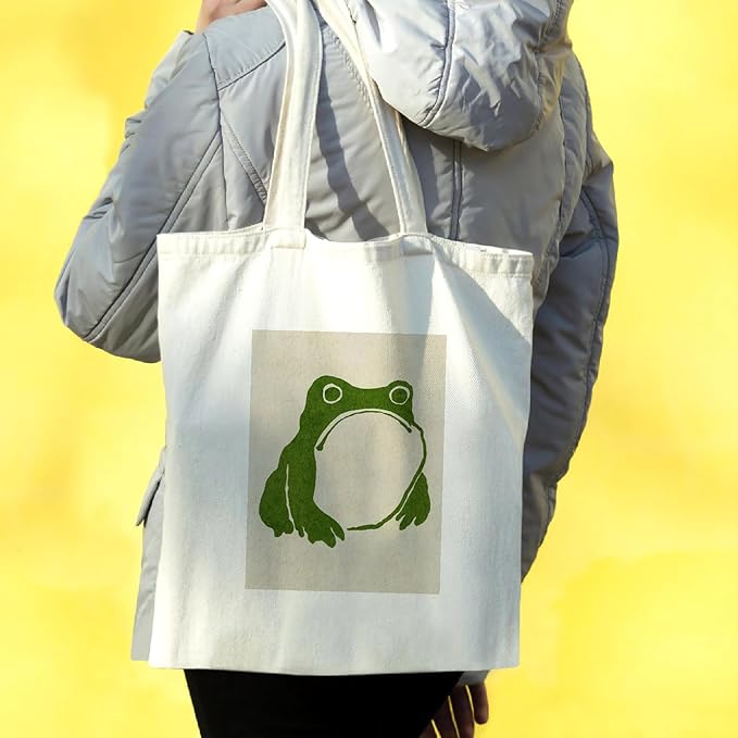 Cute Frog Tote Bag Aesthetic Funny Frog Tote Bag Cotton Canvas Bag For Women Gift Bag Reusable Grocery Bag Beach Bag