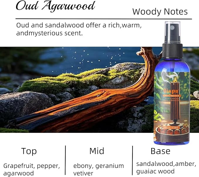 Natural Bedroom Linen Spray Scented Room Mist with Plant Extracts Long Lasting Freshness for Sheets, Pillows & Curtains –Ebony Agarwood + Misty Forest + Chamomile + Romantic Rose 4oz（4 Bottle）