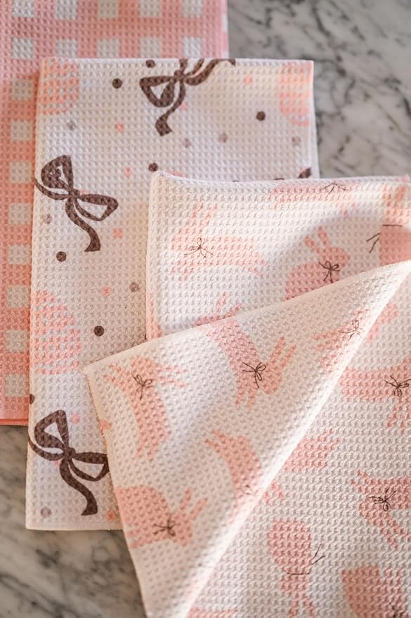 || 3 Pack|| Not Your Ordinary Dish Towels || Waffle Weave Microfiber || Tea Towels || Highly Absorbent || Hanging Loop || Dish Cloths || Modern || Designer Prints (Easter Bows)