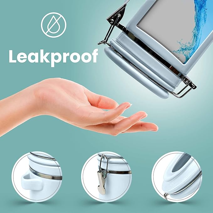 Home Intuition 4-Piece Ceramic Kitchen Canisters Set, Airtight Containers with Wooden Spoons Reusable Chalk Labels and Marker for Sugar, Coffee, Flour, Tea (Light Blue)