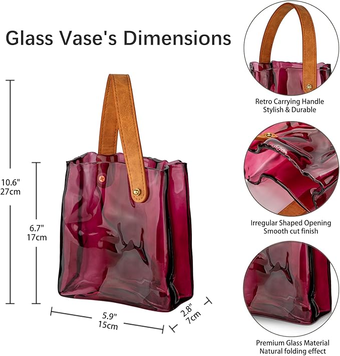 Glass Purse Vase for Flowers Brownish Purple Vases for Centerpieces Glass Bag Vase with Leather Handle Small Bag Vases for Decor Decorative Fish Bowl for Home Wedding Decor