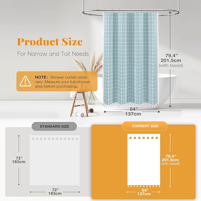 BTTN Stall Fabric Shower Curtain - 54x78 Inch Boho Linen Heavy Duty Tassel Shower Curtain Set with 10 Hooks, Narrow Rustic Modern Farmhouse Neutral Cloth Thick Shower Curtains for Bathroom - Fog Blue