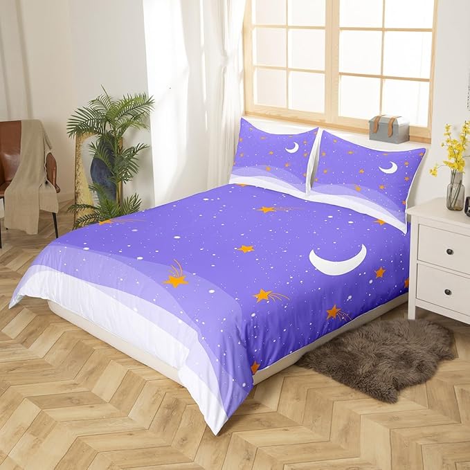 Cartoon Starry Sky Bedding Set Purple Galaxy Comforter Cover Set for Kids Teens Women Room Decor Stars and Moon Duvet Cover Breathable Lovely Dreamy Bedspread Cover Full Size(No Comforter)