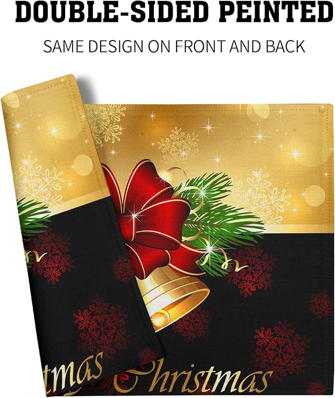 Giwawa Merry Christmas Placemats Set of 4, Winter Snowflakes Xmas Jingle Bell Red Bow Table Place Mats for Kitchen Dining Holiday Party Decor, Heat Resistant Non-Slip Washable, 12x18 Inch