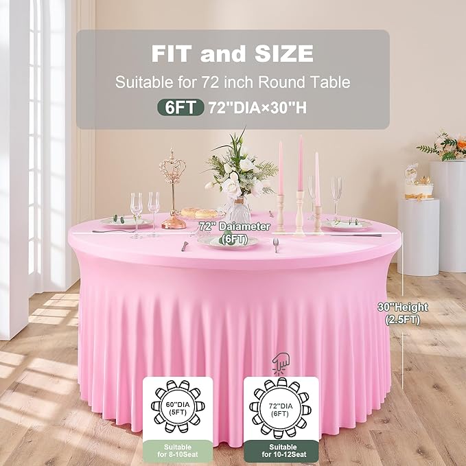 Outpain 6 Pack Pink 72inch Spandex Round Tablecloths, Stretchy 132inch Fitted 6FT Round Table Cloths, Wrinkle Free Table Cover with Skirt for Wedding Party Dining Banquet