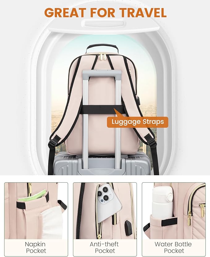 LOVEVOOK Laptop Backpack Purse for Women, Work Travel Computer Bags, College School Backpack for Student Girl, Quilted Casual Daypack with USB Port, Fit 15.6 Inch Laptop, Antiquewhite