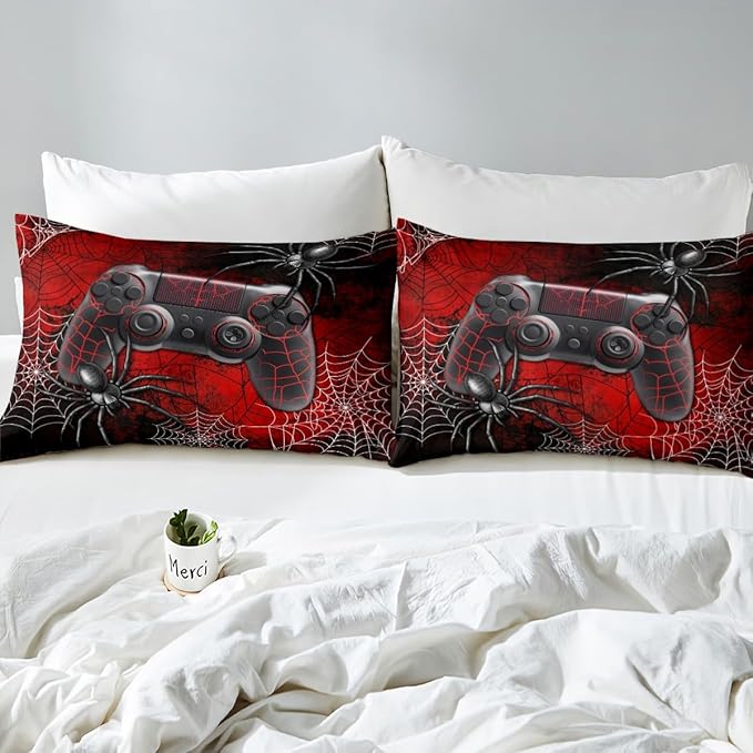 Boys Gamer Gamepad Duvet Cover Set Twin Size Kids Teen Man Gaming Theme Bedding Sets 2 Pcs for Room Decor, Fashion Spider Halloween Comforter Cover with 1 Pillowcase (No Comforter) Black Red