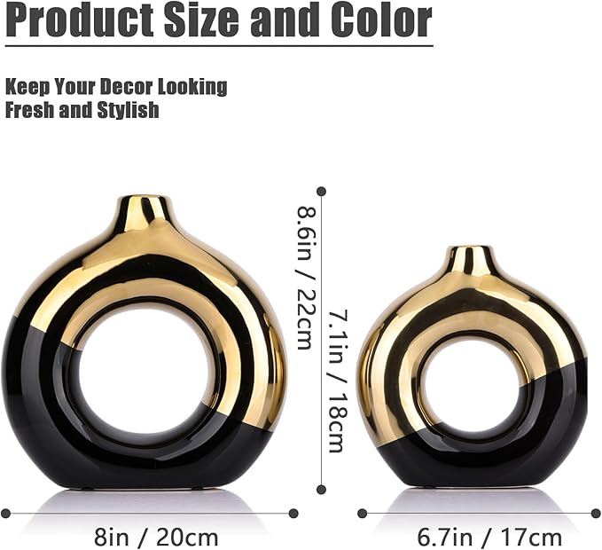 Black and Gold Ceramic Vase Set of 2,Round Donut Hollow Flower Vases for Home Decor Accents,Modern Minimalist Centerpiece Table Decorations,Wedding,Living Room,Bookshelf,Office,Entryway