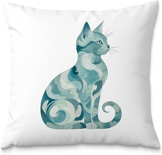 Abstract Blue Sea Cat Pillow Covers 18x18, Gifts for Cat Lovers Mom Lady Owners, Elegant Kitten Kitty Decorative Pillow Covers for Home Bedroom Living Room Decor, Pet Lover Gifts