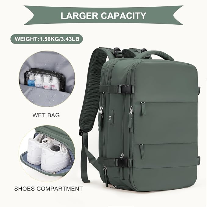 coowoz Large Travel Backpack For Women Men, Carry On Backpack,Hiking Backpack Waterproof Outdoor Sports Rucksack Casual Daypack Expandable Heavy Duty Extra large Backpack Olive Green