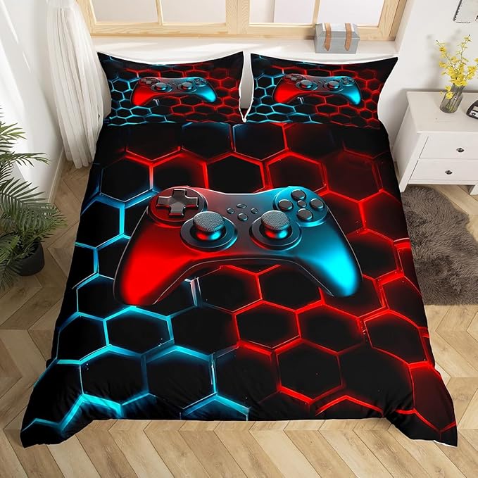 Castle Fairy Teen Boys Gamer Duvet Cover Queen Size for Game Room Decor,Modern Honeycomb and Gamepad Pattern Bedding Set,Fashion Gaming Theme Comforter Cover with 2 Pillowcases,Blue Red