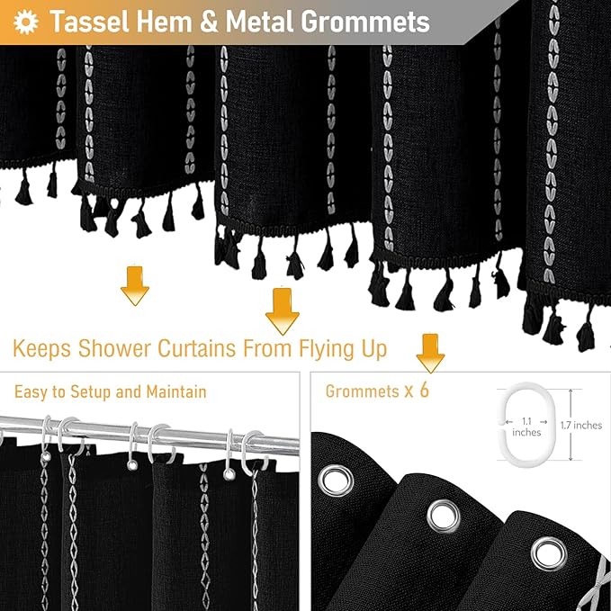 BTTN Boho Shower Stall Curtain - 36x72 Narrow Linen Ultra Thick Striped Tassel Fabric Shower Curtain with 6 Hooks, Half Modern Farmhouse Cottage Weighted Shower Curtains for Bathroom - Black and White