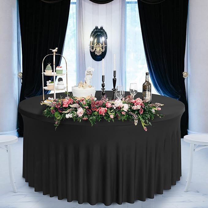 Outpain 6 Pack Black Round Spandex Tablecloth for 48Inch/4FT Tables - Stretchy Table Cloth with Skirt, Wrinkle-Free Fitted Cloth for Wedding Vendor, Banquet & Graduation Decor (108" Round)
