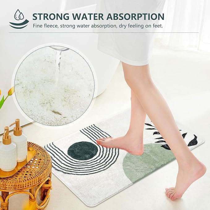 20"X30" Boho Bath Rugs for Bathroom Decor Non-Slip Bath Mat Absorbent Plush Microfiber Soft Carpet Machine Washable Bath Mat for Sink, Showers, Laundry Rooms, Living Room, Green