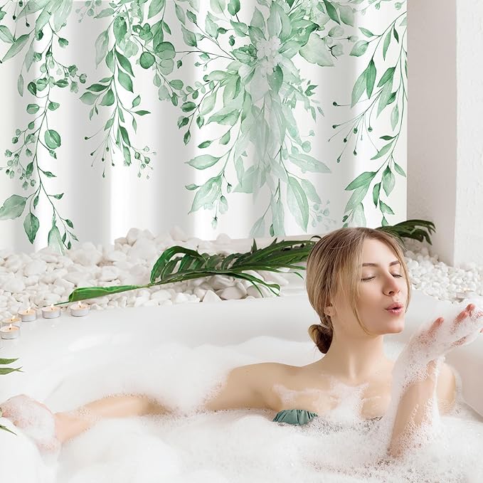 Gibelle Extra Long Shower Curtain 72 x 84, Tall Mint Green Floral Shower Curtain for Bathroom, Watercolor Plant Eucalyptus Leaves Fabric Shower Curtain Set with Hooks