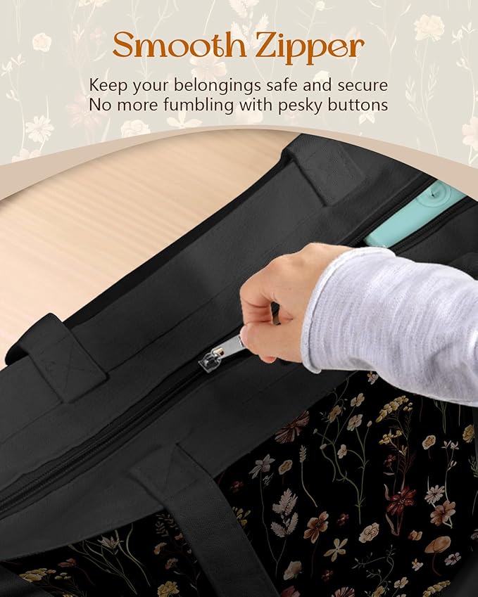 Canvas Tote Bag for Women – Aesthetic Canvas Bag with Zipper Cute Stylish Reusable Shoulder Totes for Shopping Work Daily Vacation, Black Grow Flower