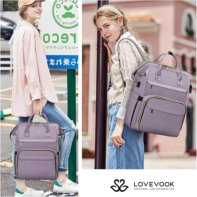 LOVEVOOK Laptop Backpack for Women,15.6 Inch Professional Womens Travel Backpack Purse Computer Laptop Bag Nurse Teacher Backpack,Waterproof Work Bags Carry on Back Pack with USB Port,Light Purple