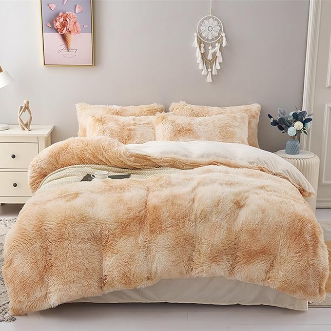 MorroMorn 5 PCS Shaggy Duvet Cover Bedding Set - Fluffy Comforter Cover Long Faux Fur Luxury Ultra Soft Cozy (Marble Beige, Full/Queen)