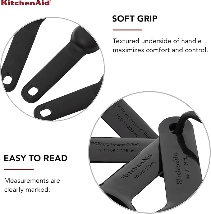 KitchenAid Universal Easy To Read Measuring Cup and Spoon Set with Soft Grip Handle for Maximum Control, Hang Hole and Nesting For Easy Storage, Dishwasher Safe, 9 Piece, Black