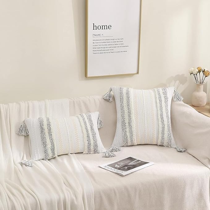 decorUhome Decorative Boho Throw Pillow Cover 20x20, Accent Neutral Textured Tufted Pillow Cover Striped for Couch Bed Sofa, Light Grey and Cream White, Pack of 1