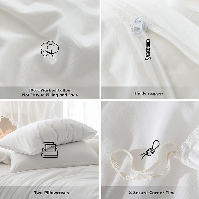 FOSSA White Duvet Cover Set, 100% Washed Cotton Linen Feel Super Soft Breathable Cozy 3 Pieces Bedding Sets Solid Off White King