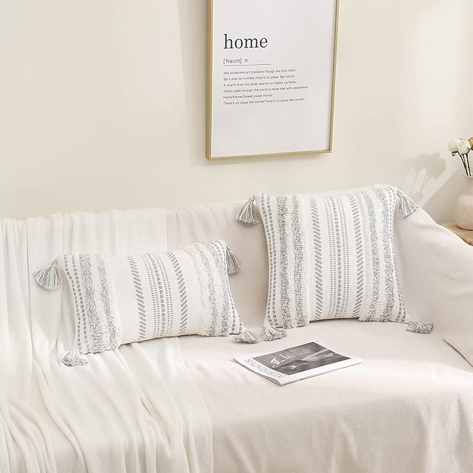 decorUhome Decorative Boho Throw Pillow Cover 18x18, Accent Neutral Textured Tufted Pillow Cover Striped for Couch Bed Sofa, Grey and Cream White, Pack of 1