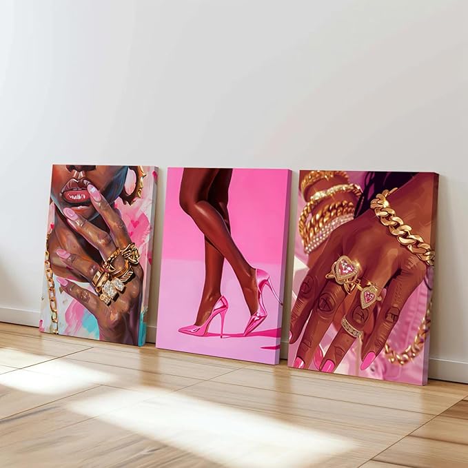 Black Girl Wall Art Set of 3 Pink Fashion Black Woman Canvas Wall Decor Pictures African American Women Paintings Home Decor Posters Prints for Living Room Bedroom Bathroom 16x24Inch Framed